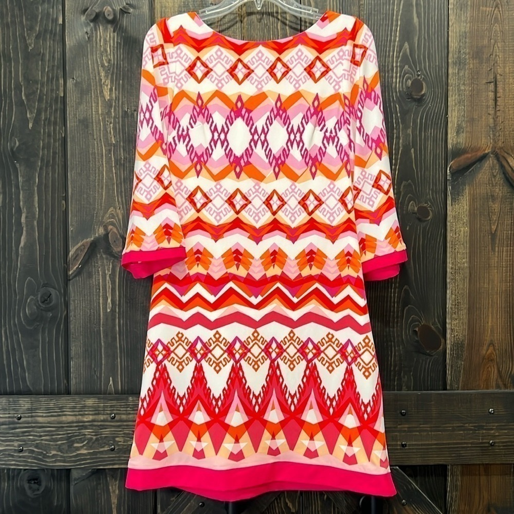 Eliza J Colorful‎ Geometric Print Shift Dress 8 Pink Orange Mod 3/4 Sleeve Retro